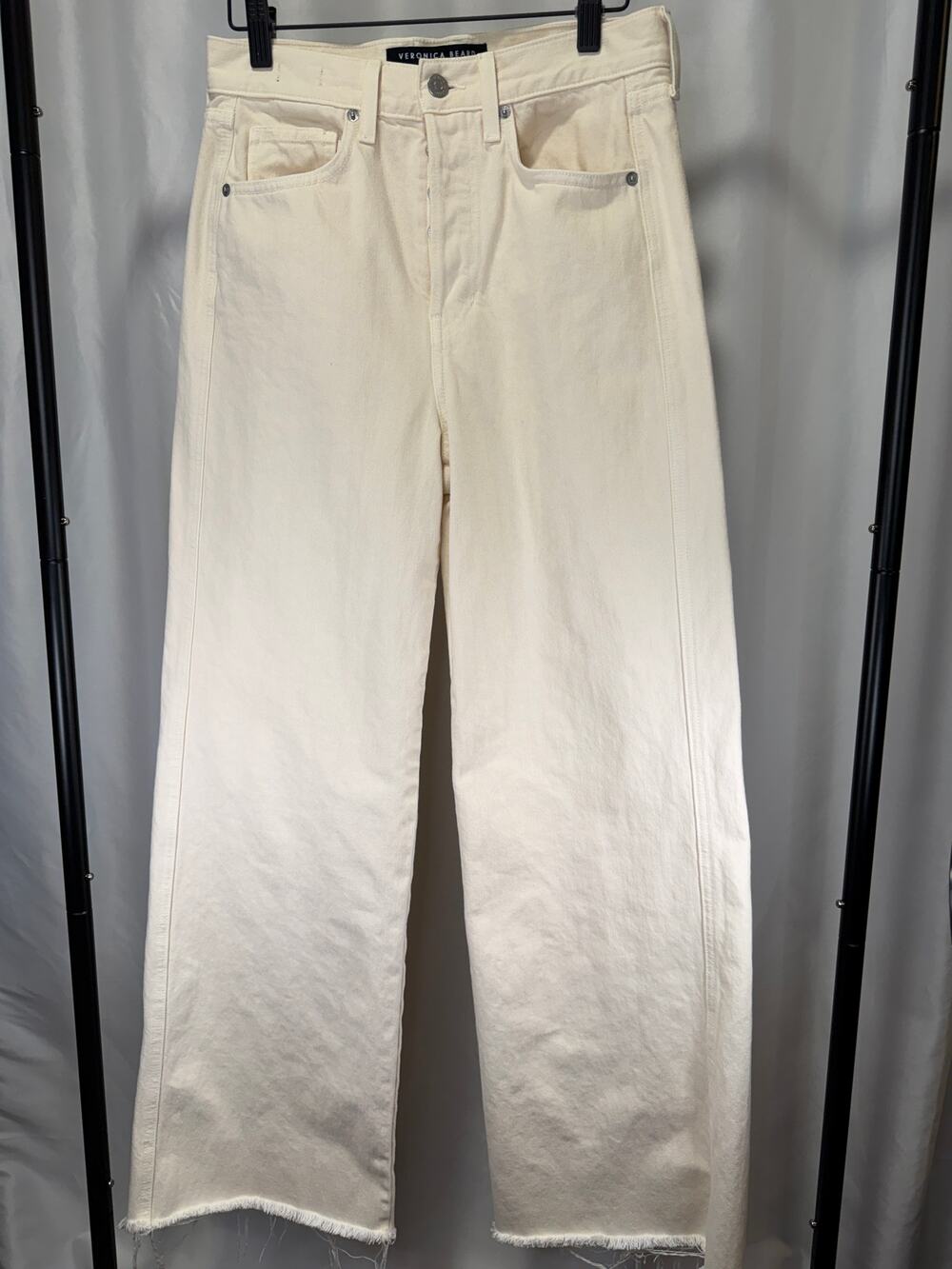 Veronica Beard Taylor Jeans 26 Ivory High Rise Relaxed Wide Leg Raw Hem USA